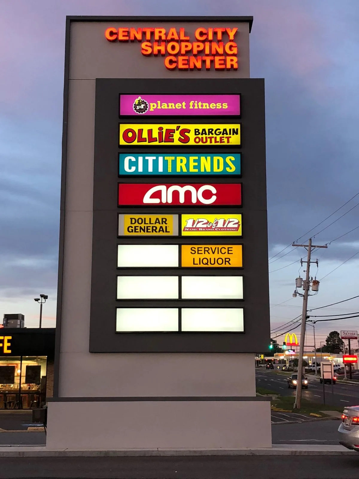 Central City Shopping Center multi-tenant pylon sign installed by Seiz Sign Company