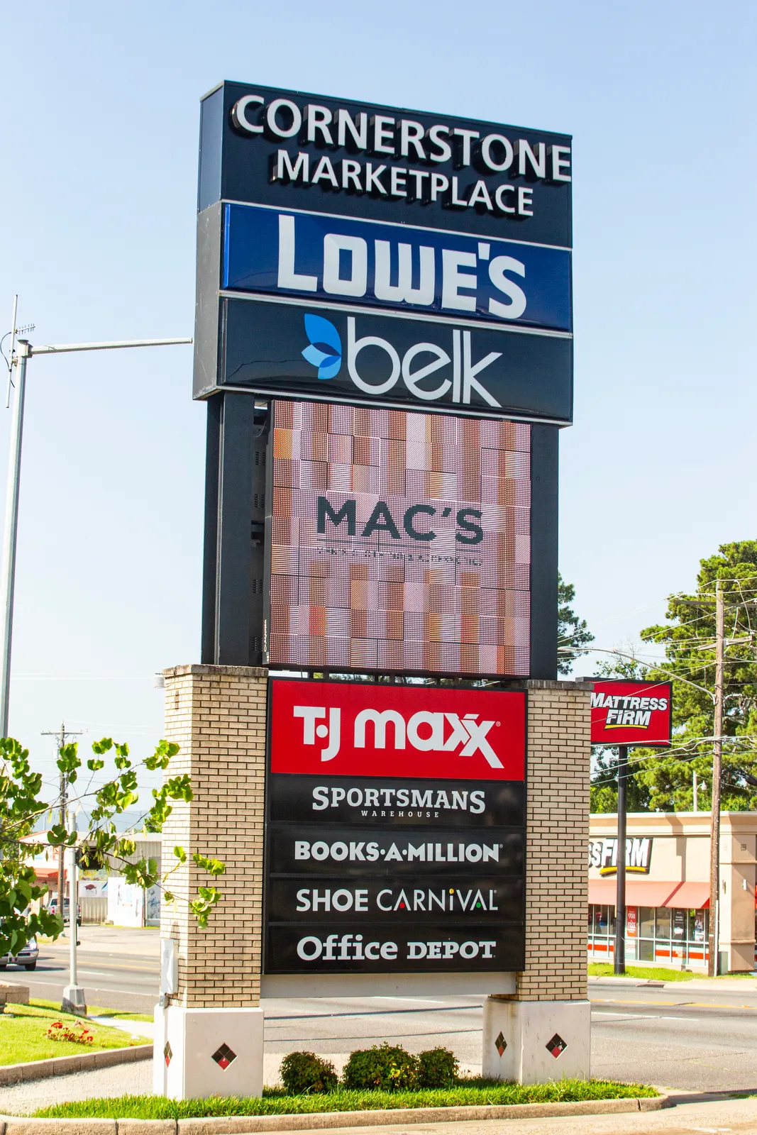 Cornerstone Marketplace multi-tenant pylon sign with illuminated tenant panels and an LED display, provided and installed by Seiz Sign Company