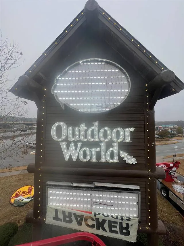 Sign faces off on the Bass Pro Shops pylon sign with UL-listed LED modules lit during the retrofit