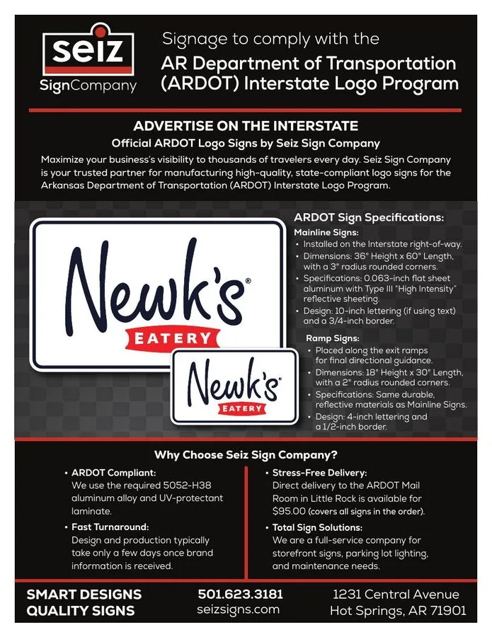 Cover of the Seiz Sign Company ARDOT Interstate Logo Program guide